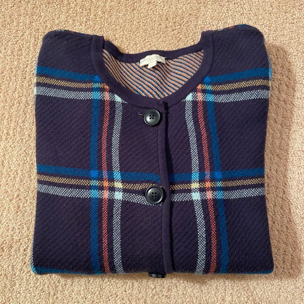 Bold Plaid Navy Cardigan Sweater; Button Front; 100% Cotton; Medium; Like New
